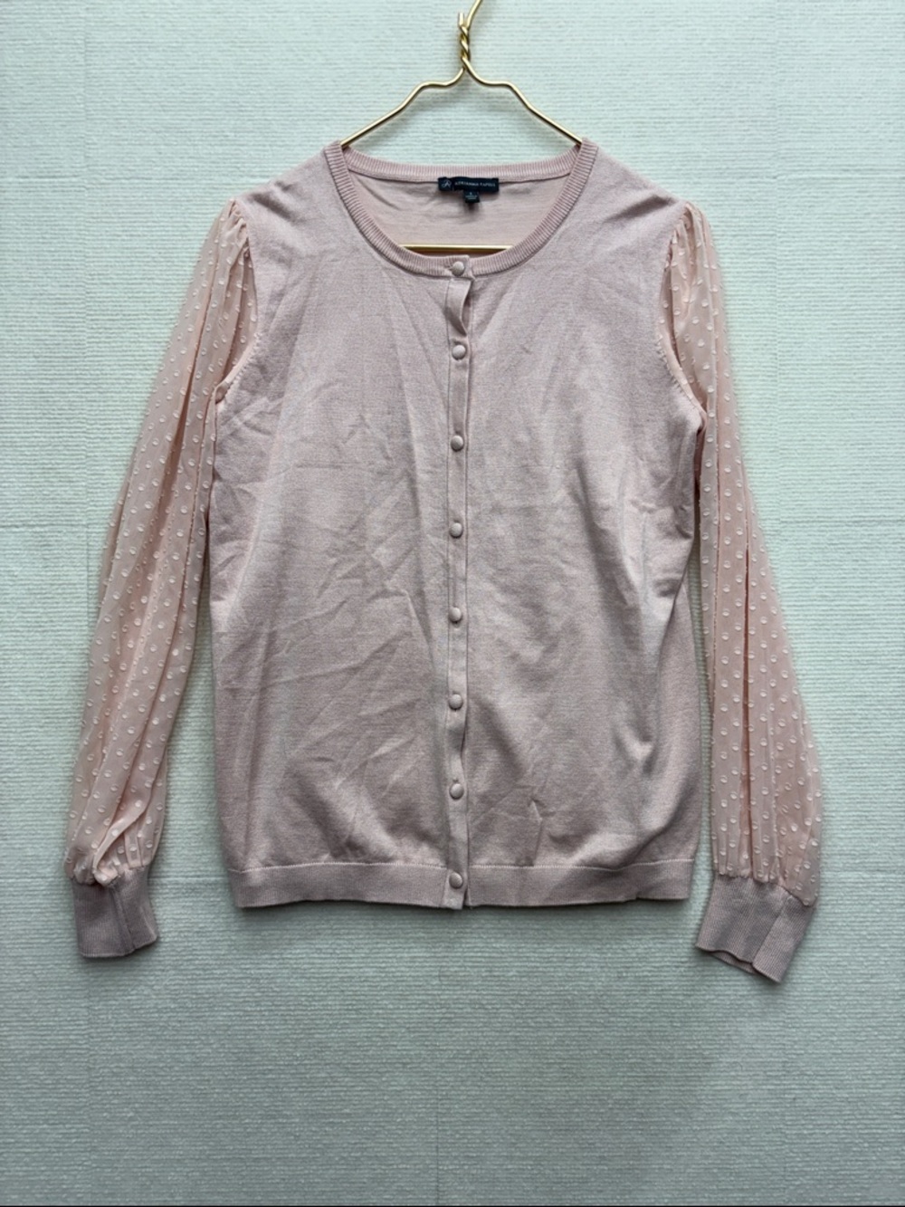 Adrianna Papell | Polka Dot Sleeve Pink Button-Up Cardigan small